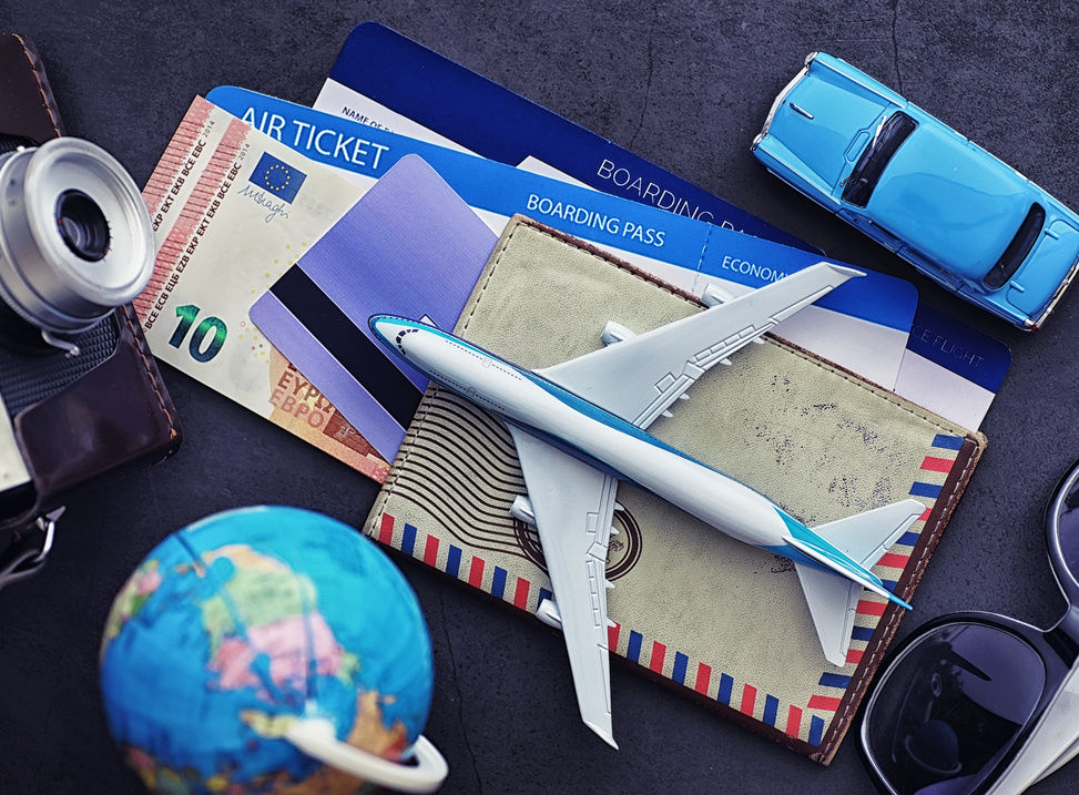 Air ticket and passport for flight plane. Travel concept. Ticket booking.